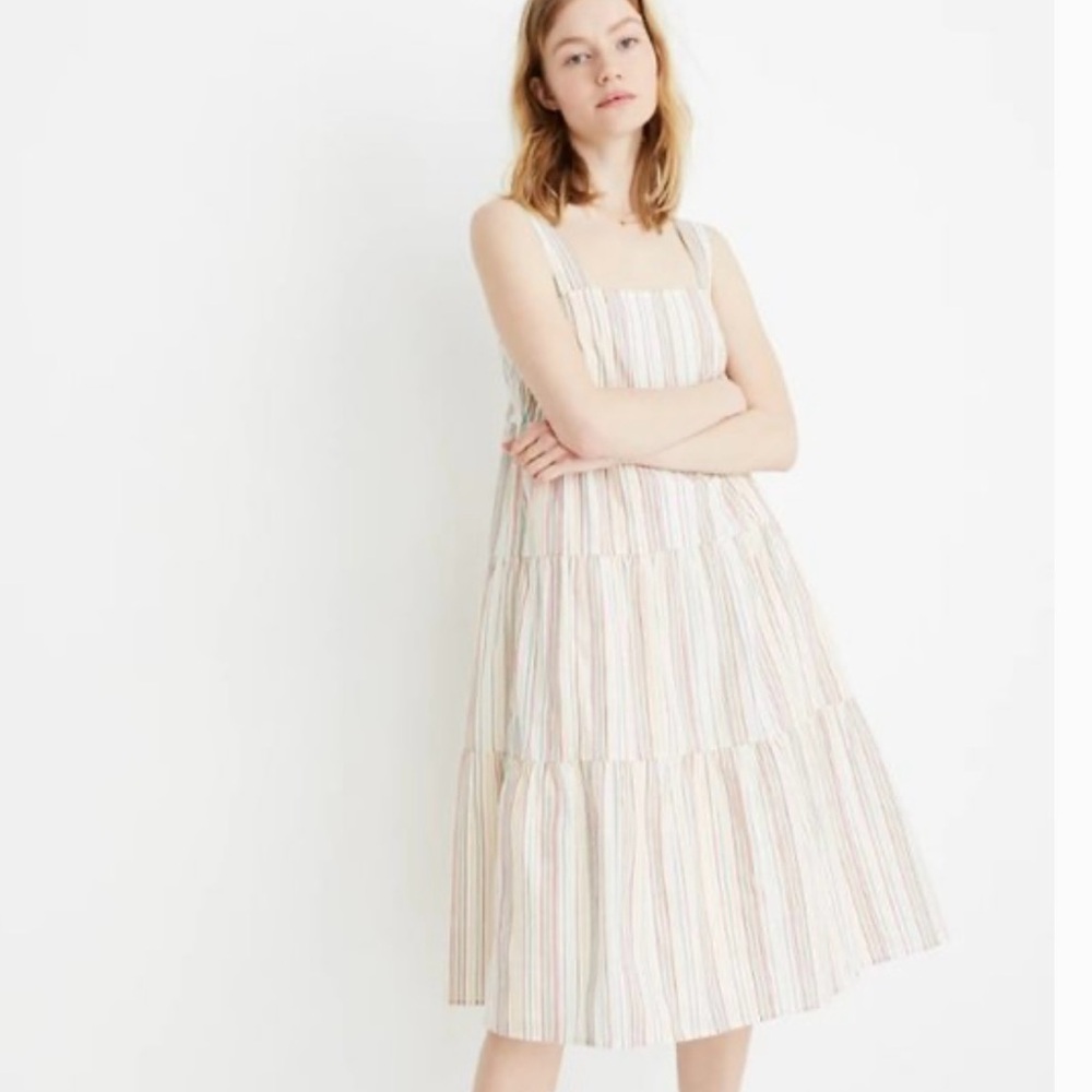 Madewell Button-Back Tiered Midi Dress in Textural Rainbow Stripe Size 2 - Picture 2 of 3